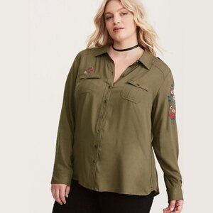 Torrid Army Green Floral Embroidered Button Front Blouse Long Sleeve M25